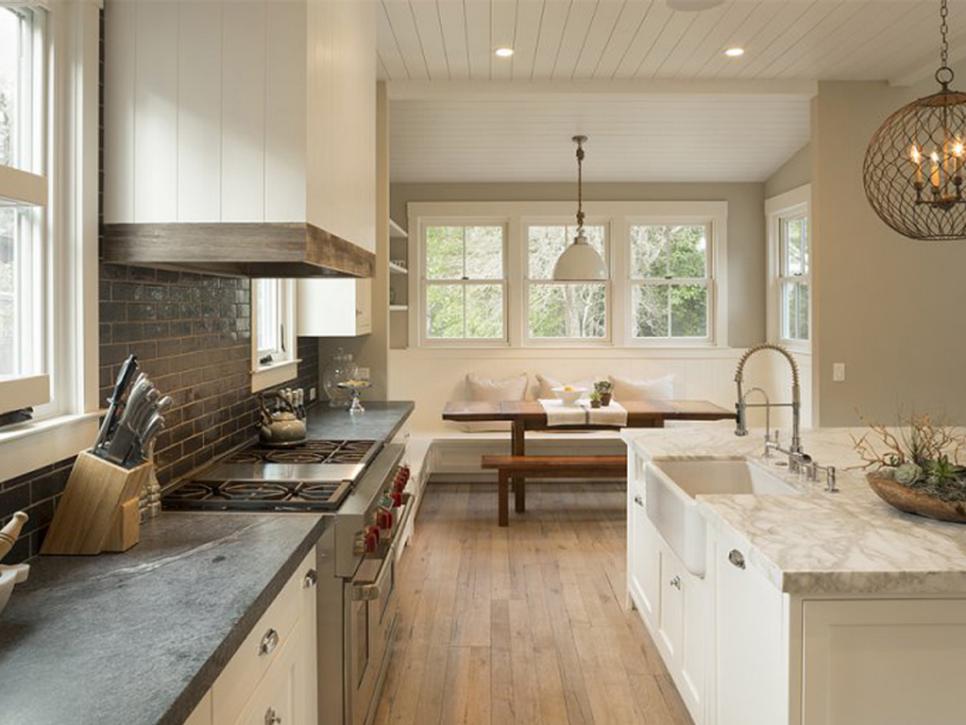 modern farmhouse kitchen with grey and travertine marble epoxy countertops