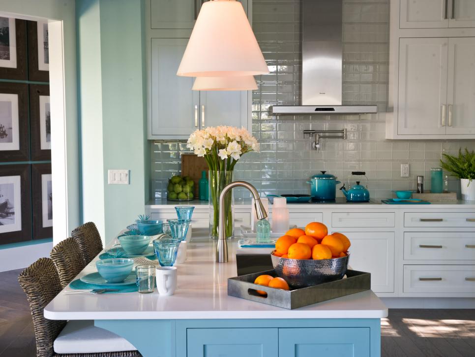 coastal kitchen with white marble epoxy countertops